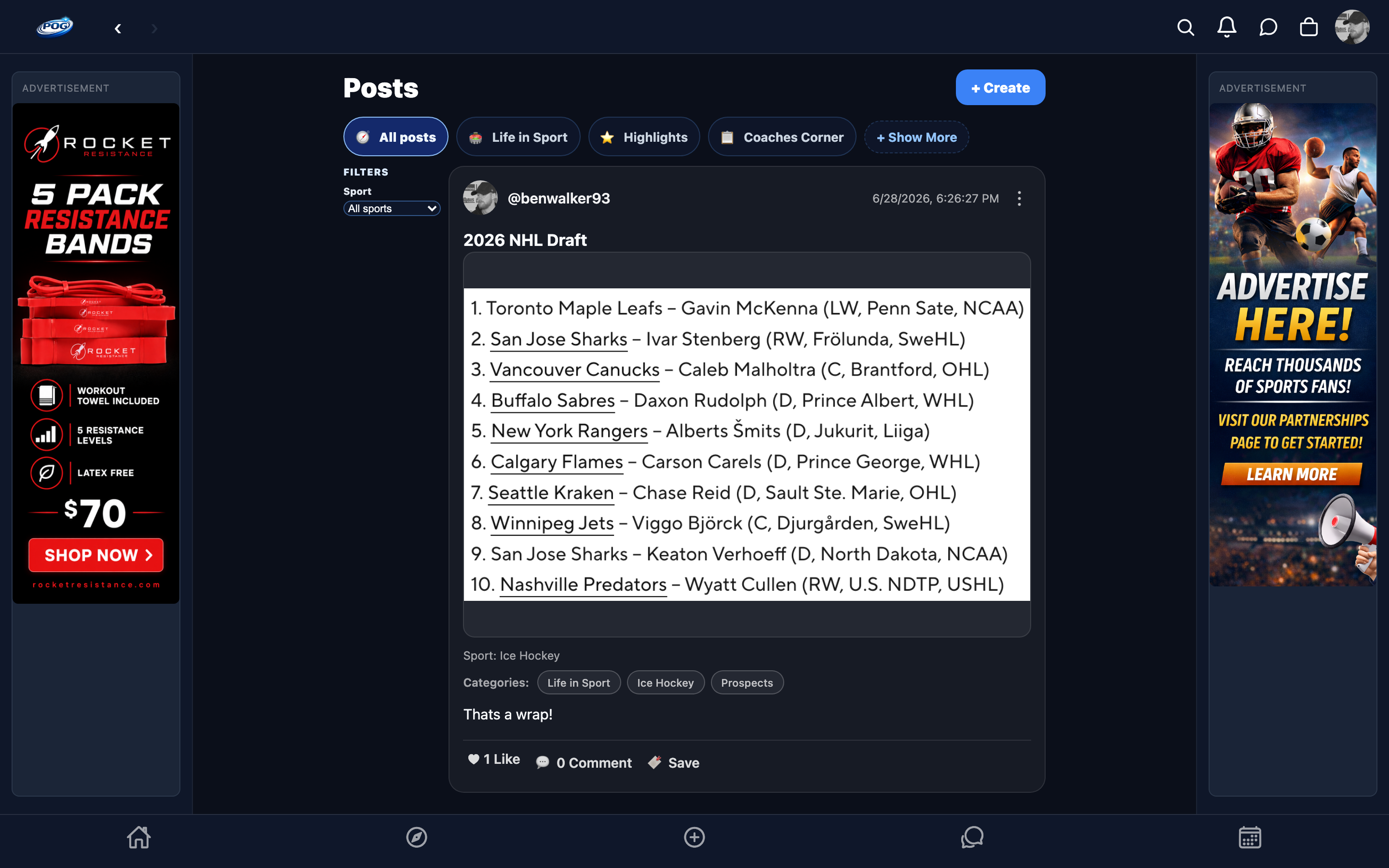 POG post feed with team updates